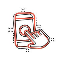 Hand-Touch-Smartphone-Symbol im Comic-Stil. Telefon-Finger-Vektor-Cartoon-Illustration auf weißem, isoliertem Hintergrund. Cursor-Touchscreen-Geschäftskonzept Splash-Effekt. vektor