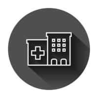 sjukhus byggnad ikon i platt stil. sjukhus vektor illustration på svart runda bakgrund med lång skugga. medicinsk ambulans företag begrepp.