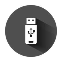 USB Fahrt Symbol im eben Stil. Blitz Platte Vektor Illustration auf schwarz runden Hintergrund mit lange Schatten. Digital Erinnerung Geschäft Konzept.