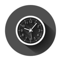 Uhr Zeichen Symbol im eben Stil. Zeit Verwaltung Vektor Illustration auf schwarz runden Hintergrund mit lange Schatten. Timer Geschäft Konzept.