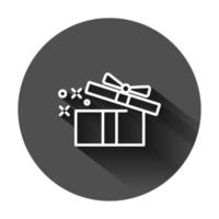Geschenk Box Symbol im eben Stil. Magie Fall Vektor Illustration auf schwarz runden Hintergrund mit lange Schatten. Geschenk Geschäft Konzept.