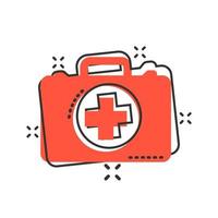 Erste-Hilfe-Kit-Symbol im Comic-Stil. gesundheit, hilfe und medizinische diagnosevektorkarikaturillustration auf weißem lokalisiertem hintergrund. Arzttasche Geschäftskonzept Splash-Effekt. vektor