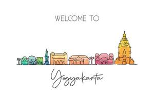 enda kontinuerlig linjeteckning yogyakarta skyline, indonesien. berömda stadsskrapa landskapsvykort. världsresor destination koncept. redigerbara stroke moderna en rad rita design vektorillustration vektor