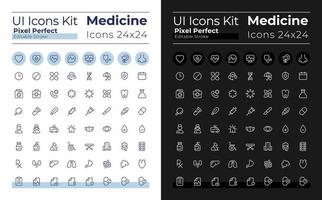 Medizin Pixel perfekt linear ui Symbole einstellen zum dunkel, Licht Modus. medizinisch Behandlung. Gliederung isoliert Benutzer Schnittstelle Elemente zum Nacht, Tag Themen. editierbar Schlaganfall vektor