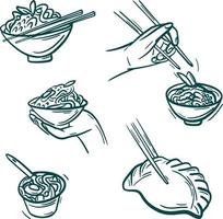 asiatisch Essen Sammlung Clip Kunst. Ramen, Jiaozi und Hand halten Essstäbchen vektor