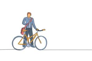 einzelne durchgehende linie, die einen jungen professionellen geschäftsmann mit dem fahrrad zu seiner firma zeichnet. Fahrrad zur Arbeit, umweltfreundliches Transportkonzept. trendige einzeilige zeichnen design vektorgrafik illustration vektor