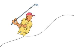 eine durchgehende Strichzeichnung eines jungen Golfspielers, der Golfschläger schwingt und den Ball schlägt. Freizeitsportkonzept. dynamische Single-Line-Draw-Design-Vektorillustrationsgrafik für Turnier-Promotion-Medien vektor