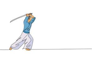 eine durchgehende Linienzeichnung junger tapferer Samurai-Krieger, die bereit sind, bei der Trainingseinheit anzugreifen. Kampfkunst-Kampfsportkonzept. dynamische einzeilige Grafikdesign-Vektorillustration vektor