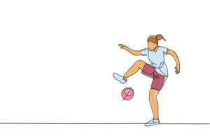 en kontinuerlig linjeteckning av ung sportig man fotboll freestyler spelare tränar jonglera bollen på gatan. fotboll freestyle sport koncept. dynamisk enda rad rita design vektorillustration vektor