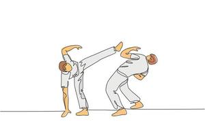 enda kontinuerlig linjeteckning av två unga sportiga män tränar brasiliansk capoeira-movedans på utomhusgatan. kultur kampsport sport koncept. trendiga en rad rita design vektorillustration vektor