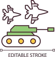 militär transport rgb Färg ikon. väpnad krafter. militär teknologi. jakt plan och tank. isolerat vektor illustration. enkel fylld linje teckning. redigerbar stroke