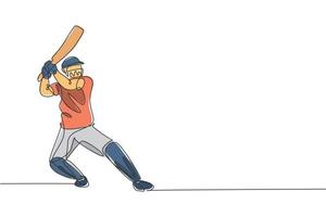 en kontinuerlig linjeritning av ung man cricketspelare står redo att ta emot bollen från pitcher vektorillustration. tävlingsidrottskoncept. en rad rita design för reklam affisch vektor