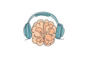 en kontinuerlig ritning av mänsklig hjärna som lyssnar på musik med trådikon för trådlösa hörlurar. smart dj logotyp symbol mall koncept. trendig enkel linje rita grafisk design vektorillustration vektor