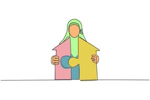 Kontinuierliche einzeilige Zeichnung junger arabischer Arbeiterinnen vereinen das Puzzle zum Hausbau. Erfolg Business Manager minimalistisches Konzept. trendige Single-Line-Draw-Design-Vektorgrafik-Illustration vektor