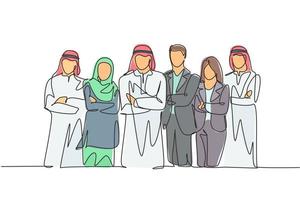 Eine Gruppe junger muslimischer und multiethnischer Geschäftsleute, die eine kontinuierliche Linie zeichnen, reihen sich ordentlich aneinander. islamische Kleidung Shemag, Kandura, Schal, Hijab und Anzug. Einzeilige Zeichnungsdesign-Vektorillustration vektor