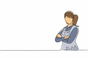 Single One-Line-Zeichnung von jungen weiblichen Hotelmädchen posieren Kreuzarme auf der Brust. professionelle arbeit beruf und beruf minimales konzept. durchgehende Linie zeichnen Design-Grafik-Vektor-Illustration vektor