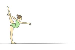 einer Single Linie Zeichnung von jung Schönheit Turner Mädchen Übung Fußboden rhythmisch Gymnastik- beim Fitnessstudio Vektor Illustration. gesund Athlet Teen Lebensstil und Sport Konzept. modern kontinuierlich Linie zeichnen Design