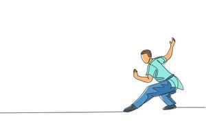 Single Continuous Line Drawing junger Mann Wushu-Kämpfer, Kung-Fu-Meister in einheitlicher Trainingshaltung im Dojo-Zentrum. Konzept des Kampfwettbewerbs. trendige einzeilige zeichnen design vektorgrafik illustration vektor