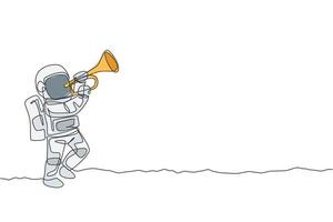 en enda radritning rymdman som spelar trumpet musikinstrument i månytan grafisk vektorillustration. musikkonsertaffisch med rymden astronaut koncept. modern kontinuerlig linje rita design vektor