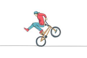 enda kontinuerlig linjeteckning av ung bmx-cyklist visar extremt riskfyllt trick i skatepark. bmx freestyle koncept. trendiga en rad rita design vektorillustration för freestyle marknadsföring media vektor