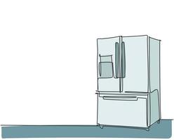 Eine durchgehende Strichzeichnung eines elektrischen Haushaltsgeräts des luxuriösen dreitürigen Kühlschranks. Strom-Haushalts-Gadget-Vorlage-Konzept. trendige Single-Line-Draw-Design-Vektorgrafik-Illustration vektor