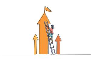 Kontinuierliche Zeichnung einer jungen Unternehmerin klettert die Leiter hoch, um den oberen Pfeil zu erreichen. Erfolg Business Manager minimalistisches Konzept. trendige Single-Line-Draw-Design-Vektorgrafik-Illustration vektor