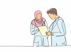 en enda radritning av ung manlig läkare som diskuterar med kvinnlig arabisk läkare medan han står vid sjukhusets gång. medicinsk sjukvård koncept kontinuerlig linje rita design vektor illustration
