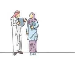Eine einzige Strichzeichnung eines jungen muslimischen Managers liefert der weiblichen Mitarbeiterin ein Job-Briefing. saudi-arabien tuch shmag, kandora, kopftuch, ghutra. durchgehende Linie zeichnen Design-Vektor-Illustration vektor