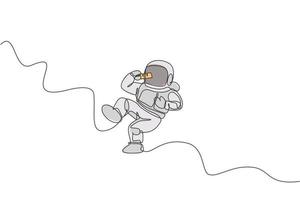 en kontinuerlig linjeteckning av kosmonaut som äter söt mjölkchokladkaka i galaktiska universum. fantasi yttre rymden astronaut liv koncept. dynamisk enkel linje rita grafisk design vektor illustration