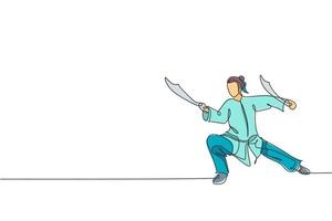 eine einzige strichzeichnung einer jungen frau auf kimono-übung wushu-kampfkunst, kung-fu-technik mit schwertern auf der vektorillustration des fitnesszentrums. Kampfsportkonzept. modernes Design mit durchgehender Linie vektor