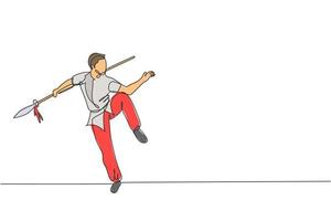 en enda linjeteckning av ung man på kimonoövning wushu kampsport, kung fu-teknik med spjut på gymcenter vektorillustration. kampsport koncept. modern kontinuerlig linjeritningsdesign vektor