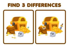 utbildning spel för barn hitta tre skillnader mellan två söt tecknad serie skatt bröst och guld tryckbar pirat kalkylblad vektor