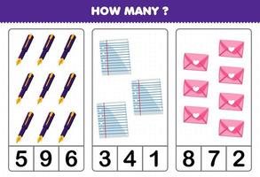 utbildning spel för barn räkning på vilket sätt många söt tecknad serie penna papper kuvert bild tryckbar verktyg kalkylblad vektor