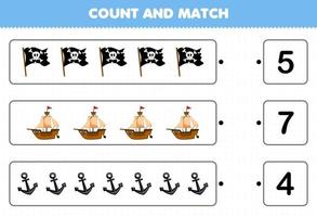 utbildning spel för barn räkna de siffra av söt tecknad serie flagga fartyg ankare och match med de rätt tal tryckbar pirat kalkylblad vektor