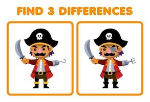 utbildning spel för barn hitta tre skillnader mellan två söt tecknad serie kapten karaktär tryckbar pirat kalkylblad vektor