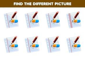 utbildning spel för barn hitta de annorlunda bild av söt tecknad serie papper penna och suddgummi tryckbar verktyg kalkylblad vektor
