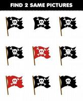 Bildung Spiel zum Kinder finden zwei gleich Bilder von süß Karikatur Flagge druckbar Pirat Arbeitsblatt vektor