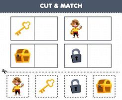 utbildning spel för barn skära och match de samma bild av söt tecknad serie skatt bröst nyckel hänglås tryckbar pirat kalkylblad vektor