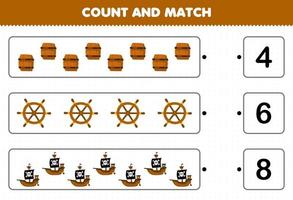 utbildning spel för barn räkna de siffra av söt tecknad serie tunna hjul fartyg och match med de rätt tal tryckbar pirat kalkylblad vektor