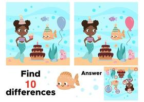 pedagogisk spel för barn. hitta 10 skillnader. födelsedag tema. tryckbar pussel. söt sjöjungfru och fisk. fe- berättelse. vektor illustration för barn arbetsbok.