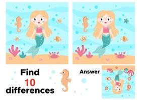 pedagogisk spel för barn. hitta skillnader. fe- berättelse tema. liten sjöjungfru med hav djur. tryckbar pussel. vektor illustration.