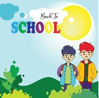 Vektor Illustration von zurück zu Schule mit leer Raum Bereich und Karikatur Charakter Hintergrund Blau Himmel Aussicht