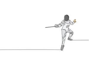 en enda linjeteckning av ung man fäktare atlet i fäktning kostym utövar rörelse på sport arena vektorillustration. strids- och kampsportkoncept. modern kontinuerlig linjeritningsdesign vektor