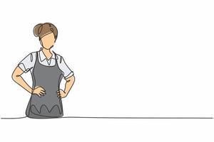 Single One-Line-Zeichnung der jungen Schönheit Hausmädchen, die mit den Händen auf der Hüfte posiert. professionelle arbeit beruf und beruf minimales konzept. durchgehende Linie zeichnen Design-Grafik-Vektor-Illustration vektor
