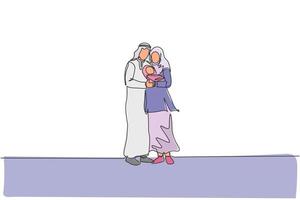 Eine durchgehende Strichzeichnung von jungen islamischen Vätern und Müttern, die ihr schläfriges Baby stehen und umarmen. arabische muslimische glückliche familienerziehungskonzept. dynamische einzeilige Zeichnungsdesign-Vektorillustration vektor