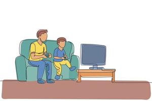 en enda radritning av ung pappa och son som sitter på soffan medan de spelar videospel tillsammans hemma grafisk vektorillustration. lycklig familj föräldraskap koncept. modern kontinuerlig linje rita design vektor
