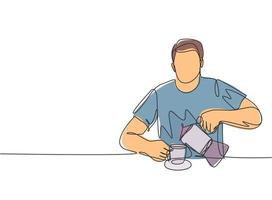 eine durchgehende einzeilige Zeichnung eines jungen attraktiven glücklichen Mannes, der heißen schwarzen und dunklen Originalkaffee von der Kaffeemaschine in eine Tasse gießt. Tee trinken Konzept Cartoon-Design-Vektor-Illustration vektor