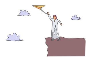 einzelne durchgehende Strichzeichnung junger arabischer Geschäftsmann winkt mit der Hand zum fliegenden Papierflugzeug von der Spitze des Berges. Minimalismus-Metapher-Konzept. dynamische eine linie zeichnen grafikdesign vektorillustration vektor