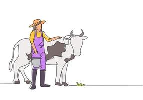 enda enradsteckning av ung kvinnlig bonde som gnuggar kon medan han bär en hink med vatten. jordbruk utmaning minimal koncept. modern kontinuerlig linje rita design grafisk vektor illustration.