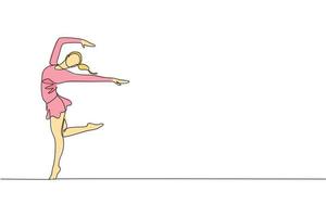 enda kontinuerlig linje teckning av ung skönhet professionell gymnast flicka prestera golv träning. rytmisk gymnastiska Träning och stretching begrepp. trendig ett linje dra design vektor illustration